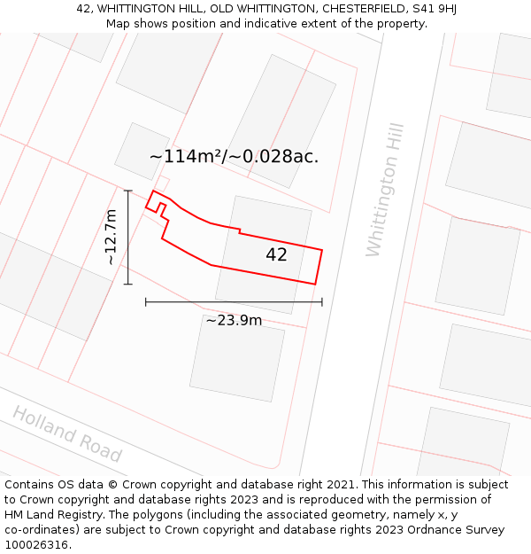 42, WHITTINGTON HILL, OLD WHITTINGTON, CHESTERFIELD, S41 9HJ: Plot and title map