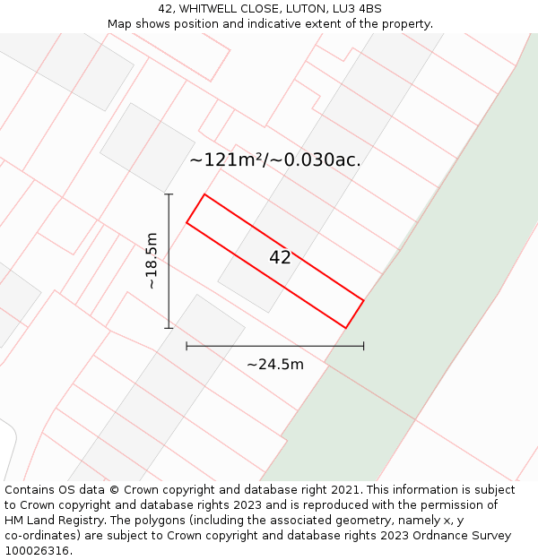42, WHITWELL CLOSE, LUTON, LU3 4BS: Plot and title map
