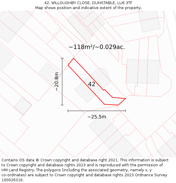 42, WILLOUGHBY CLOSE, DUNSTABLE, LU6 3TF: Plot and title map