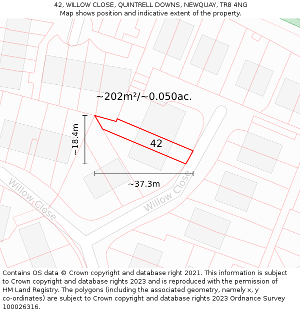 42, WILLOW CLOSE, QUINTRELL DOWNS, NEWQUAY, TR8 4NG: Plot and title map