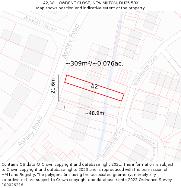 42, WILLOWDENE CLOSE, NEW MILTON, BH25 5BX: Plot and title map