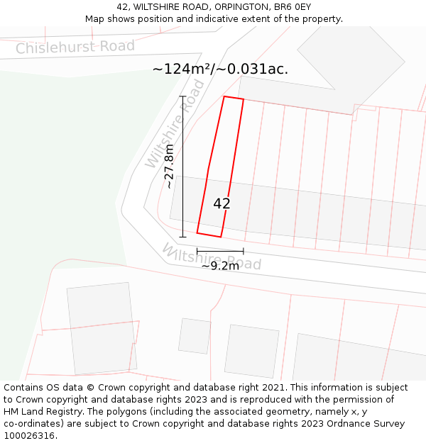 42, WILTSHIRE ROAD, ORPINGTON, BR6 0EY: Plot and title map