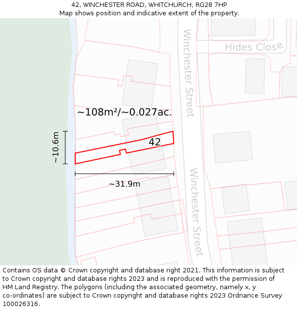 42, WINCHESTER ROAD, WHITCHURCH, RG28 7HP: Plot and title map