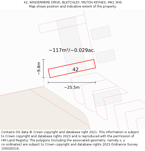 42, WINDERMERE DRIVE, BLETCHLEY, MILTON KEYNES, MK2 3NS: Plot and title map