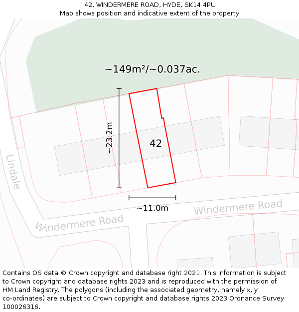 42, WINDERMERE ROAD, HYDE, SK14 4PU: Plot and title map
