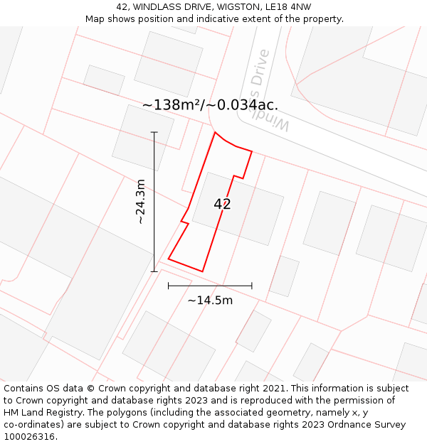 42, WINDLASS DRIVE, WIGSTON, LE18 4NW: Plot and title map