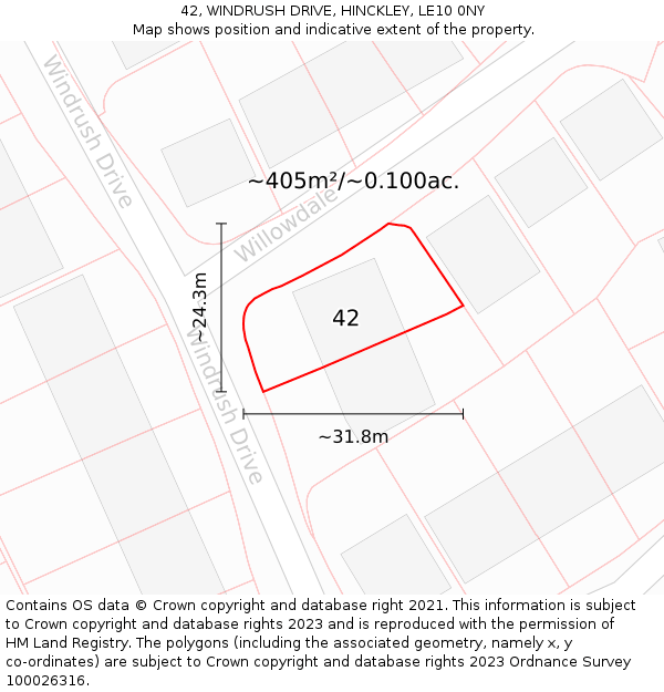 42, WINDRUSH DRIVE, HINCKLEY, LE10 0NY: Plot and title map