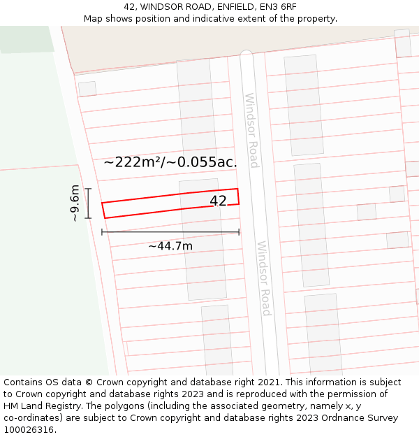 42, WINDSOR ROAD, ENFIELD, EN3 6RF: Plot and title map