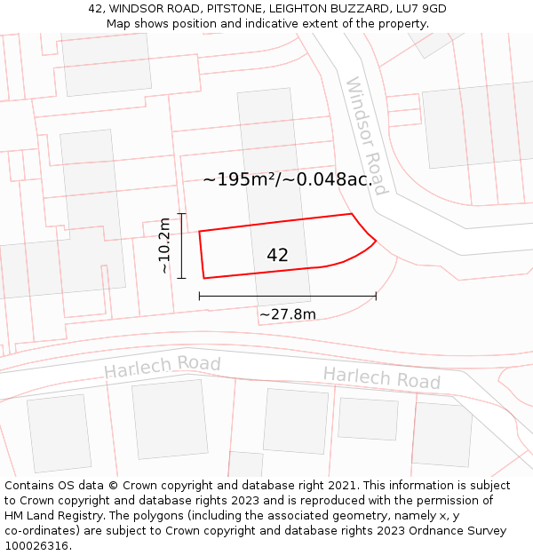 42, WINDSOR ROAD, PITSTONE, LEIGHTON BUZZARD, LU7 9GD: Plot and title map