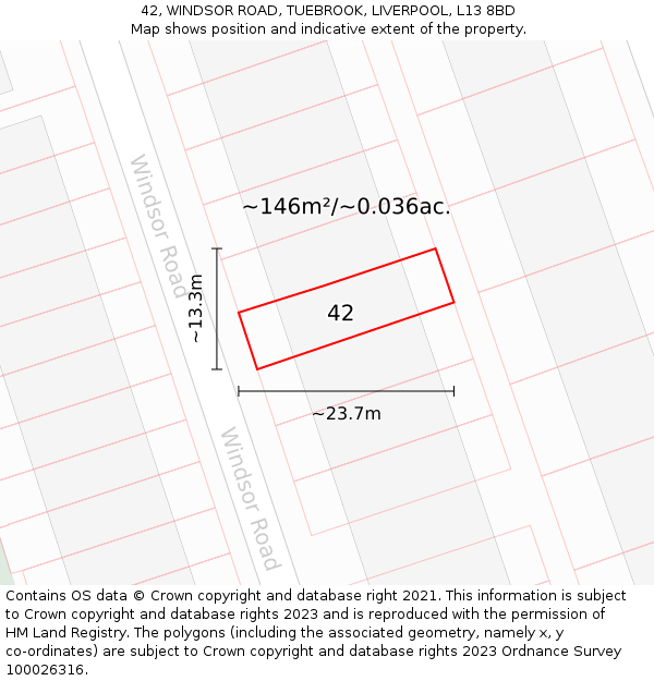 42, WINDSOR ROAD, TUEBROOK, LIVERPOOL, L13 8BD: Plot and title map