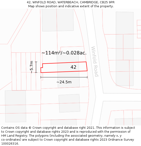 42, WINFOLD ROAD, WATERBEACH, CAMBRIDGE, CB25 9PR: Plot and title map