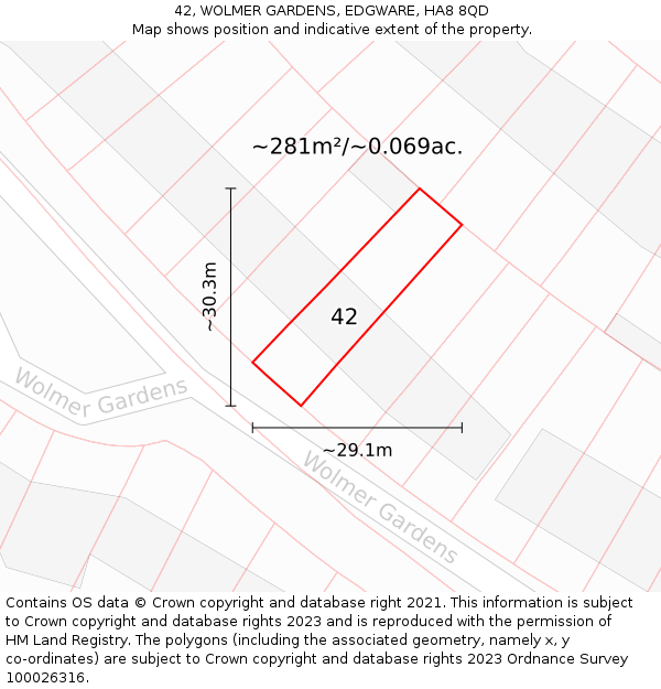 42, WOLMER GARDENS, EDGWARE, HA8 8QD: Plot and title map