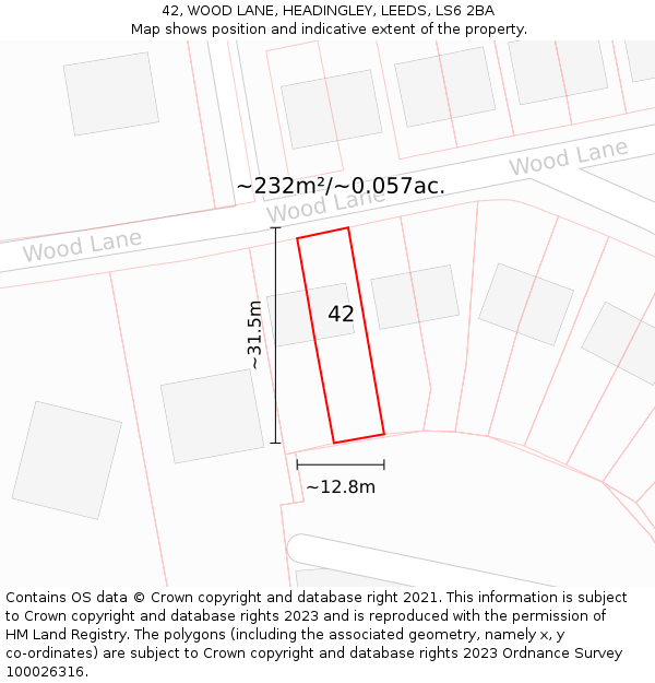 42, WOOD LANE, HEADINGLEY, LEEDS, LS6 2BA: Plot and title map