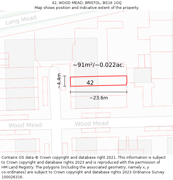 42, WOOD MEAD, BRISTOL, BS16 1GQ: Plot and title map