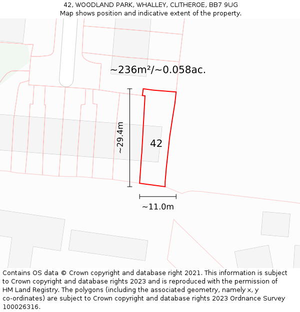 42, WOODLAND PARK, WHALLEY, CLITHEROE, BB7 9UG: Plot and title map