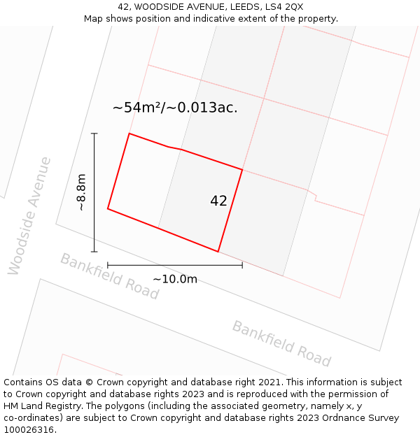 42, WOODSIDE AVENUE, LEEDS, LS4 2QX: Plot and title map
