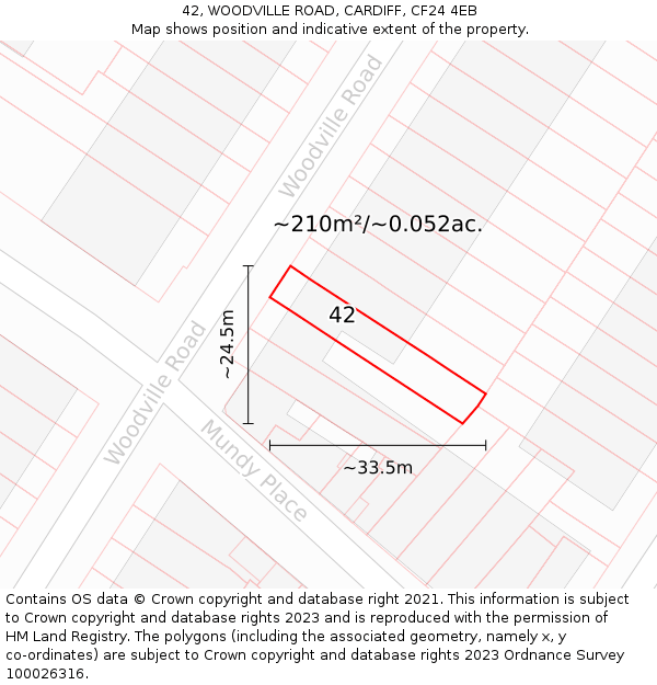 42, WOODVILLE ROAD, CARDIFF, CF24 4EB: Plot and title map