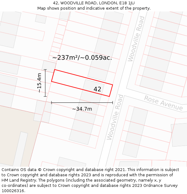 42, WOODVILLE ROAD, LONDON, E18 1JU: Plot and title map