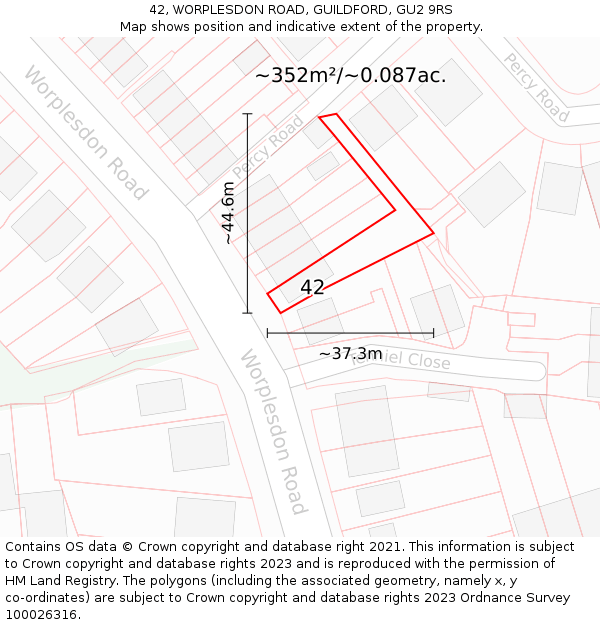 42, WORPLESDON ROAD, GUILDFORD, GU2 9RS: Plot and title map