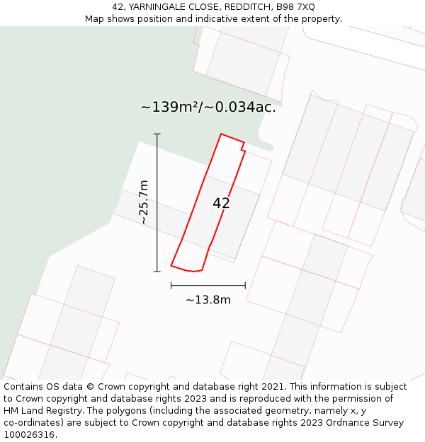 42, YARNINGALE CLOSE, REDDITCH, B98 7XQ: Plot and title map
