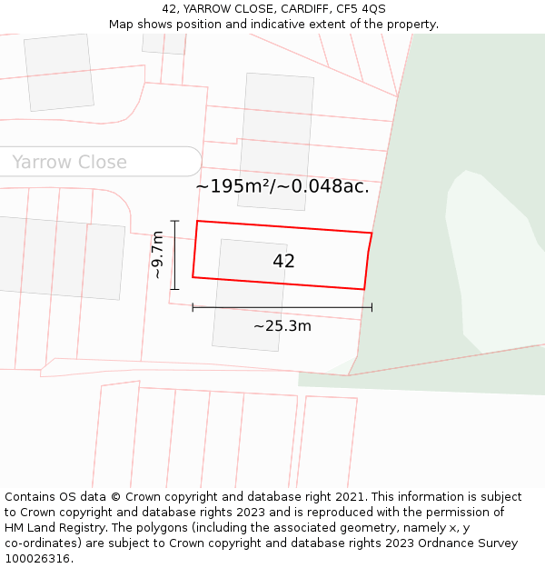 42, YARROW CLOSE, CARDIFF, CF5 4QS: Plot and title map