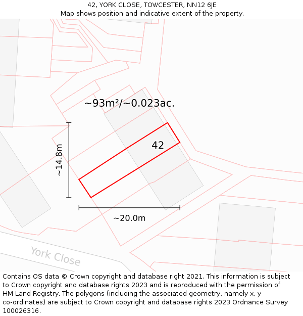 42, YORK CLOSE, TOWCESTER, NN12 6JE: Plot and title map