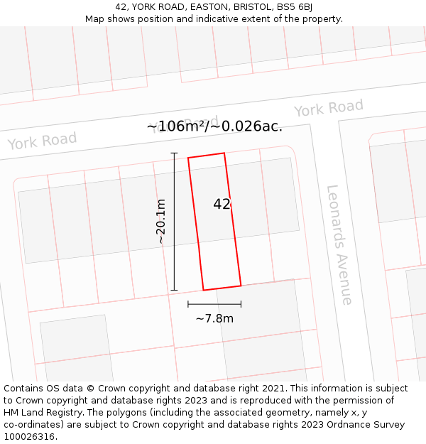 42, YORK ROAD, EASTON, BRISTOL, BS5 6BJ: Plot and title map