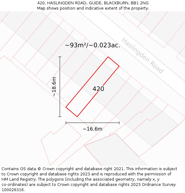 420, HASLINGDEN ROAD, GUIDE, BLACKBURN, BB1 2NG: Plot and title map