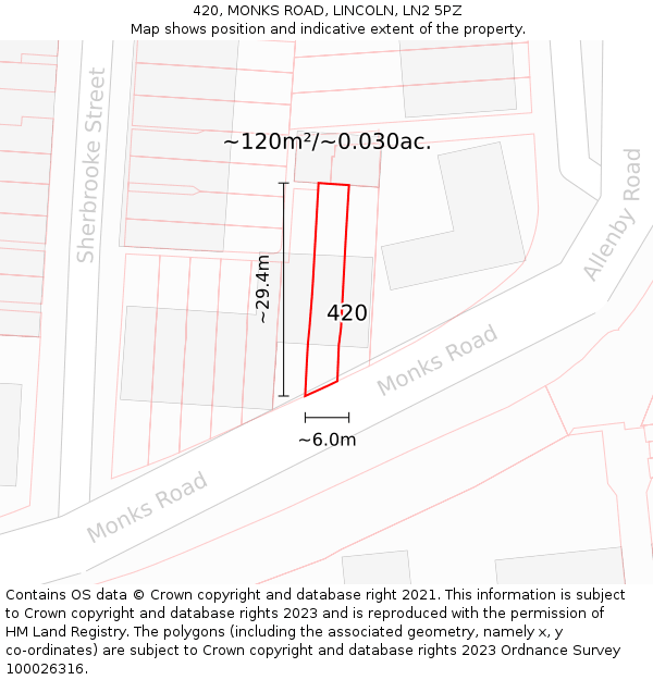 420, MONKS ROAD, LINCOLN, LN2 5PZ: Plot and title map