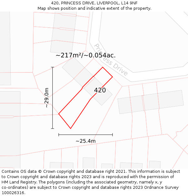 420, PRINCESS DRIVE, LIVERPOOL, L14 9NF: Plot and title map