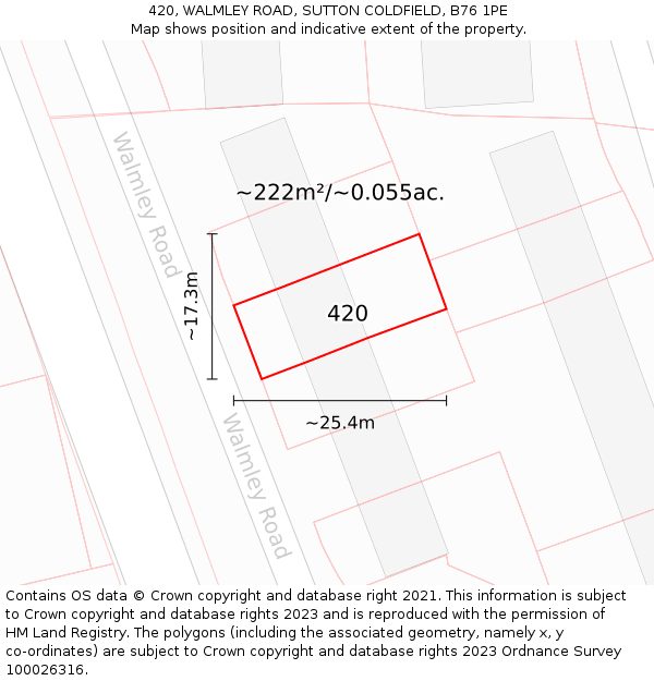 420, WALMLEY ROAD, SUTTON COLDFIELD, B76 1PE: Plot and title map