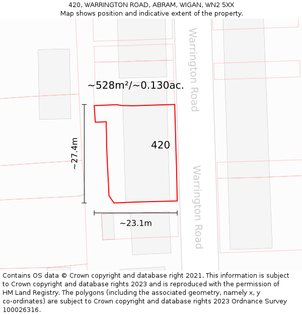 420, WARRINGTON ROAD, ABRAM, WIGAN, WN2 5XX: Plot and title map
