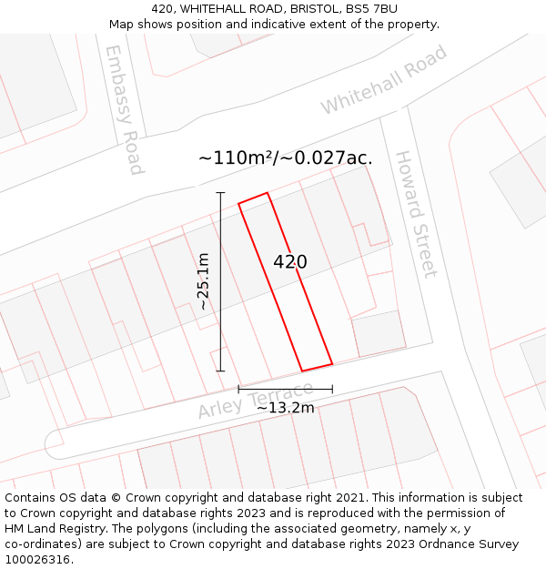 420, WHITEHALL ROAD, BRISTOL, BS5 7BU: Plot and title map