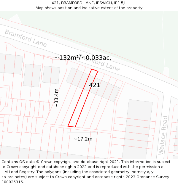 421, BRAMFORD LANE, IPSWICH, IP1 5JH: Plot and title map