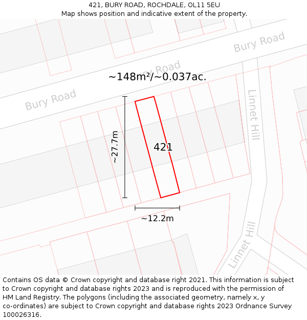 421, BURY ROAD, ROCHDALE, OL11 5EU: Plot and title map