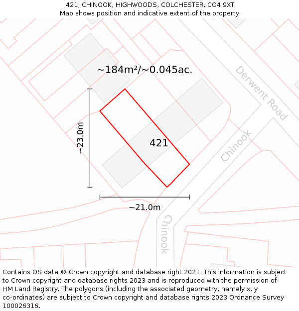 421, CHINOOK, HIGHWOODS, COLCHESTER, CO4 9XT: Plot and title map
