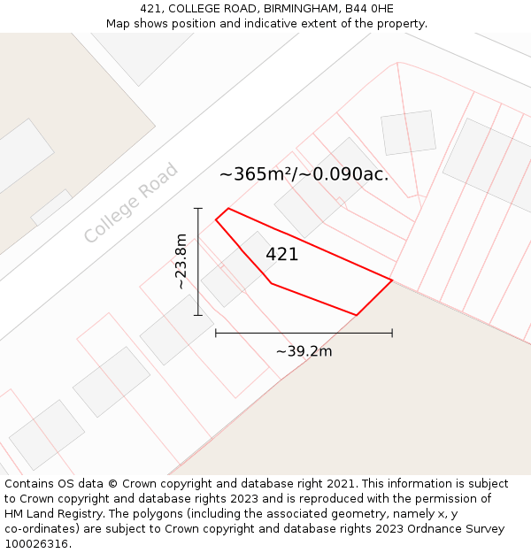 421, COLLEGE ROAD, BIRMINGHAM, B44 0HE: Plot and title map