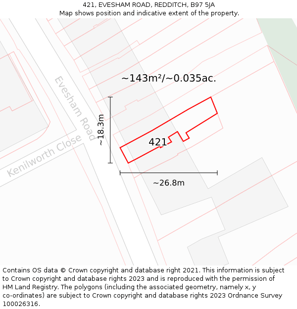 421, EVESHAM ROAD, REDDITCH, B97 5JA: Plot and title map