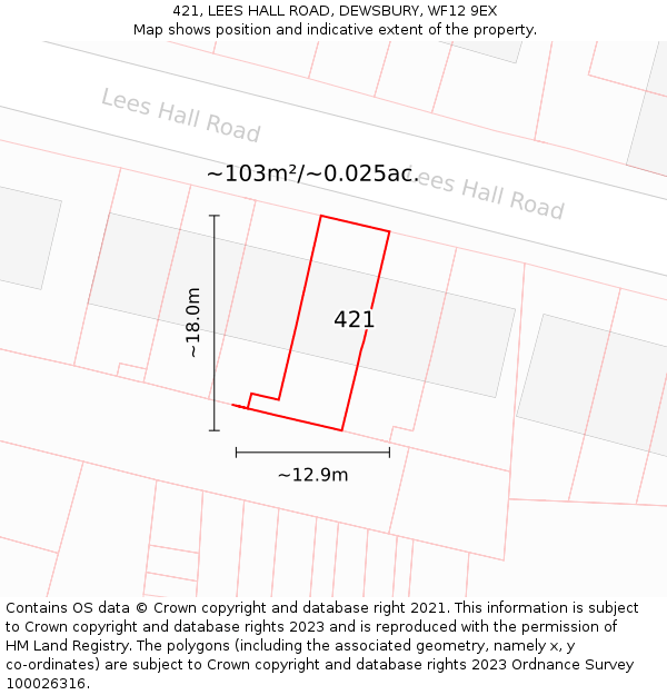 421, LEES HALL ROAD, DEWSBURY, WF12 9EX: Plot and title map