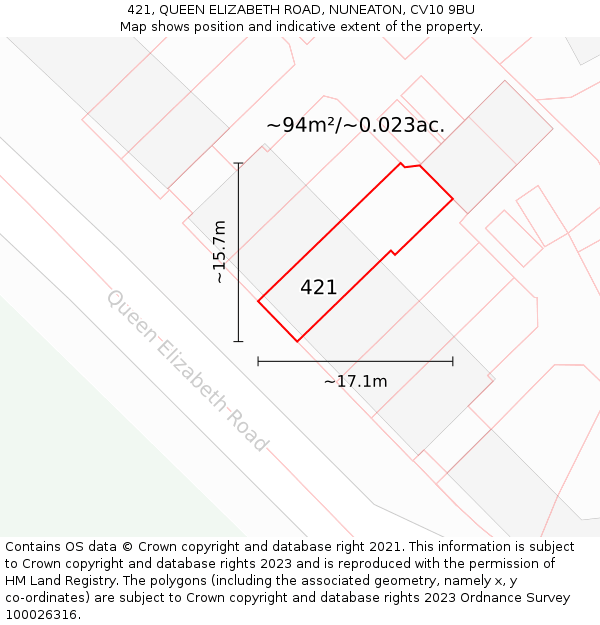 421, QUEEN ELIZABETH ROAD, NUNEATON, CV10 9BU: Plot and title map