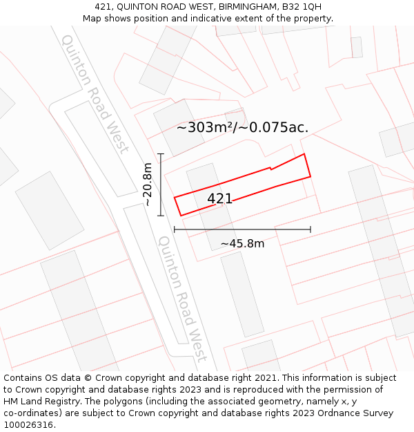421, QUINTON ROAD WEST, BIRMINGHAM, B32 1QH: Plot and title map