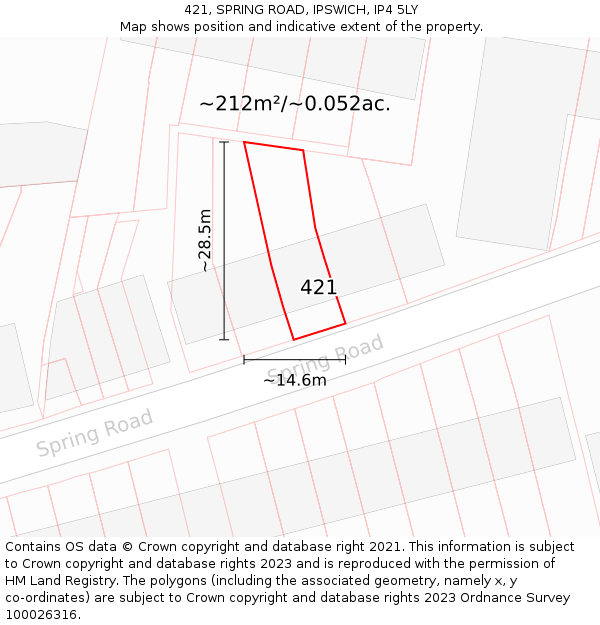 421, SPRING ROAD, IPSWICH, IP4 5LY: Plot and title map
