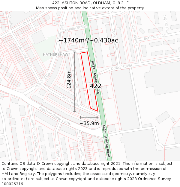 422, ASHTON ROAD, OLDHAM, OL8 3HF: Plot and title map