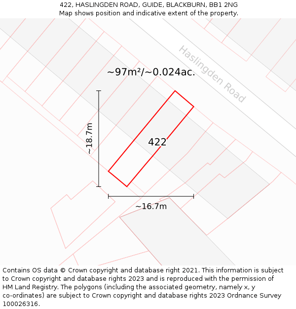 422, HASLINGDEN ROAD, GUIDE, BLACKBURN, BB1 2NG: Plot and title map