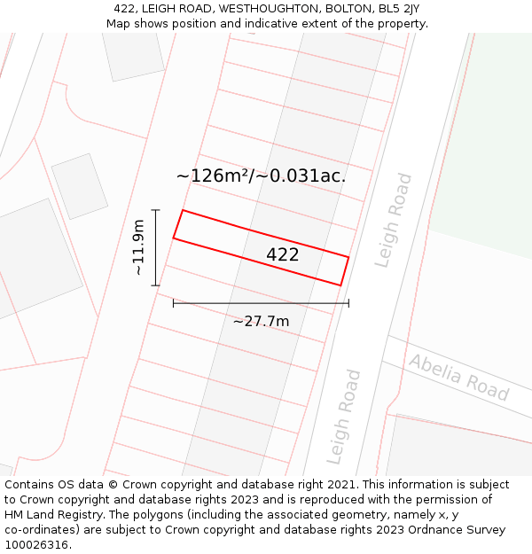 422, LEIGH ROAD, WESTHOUGHTON, BOLTON, BL5 2JY: Plot and title map