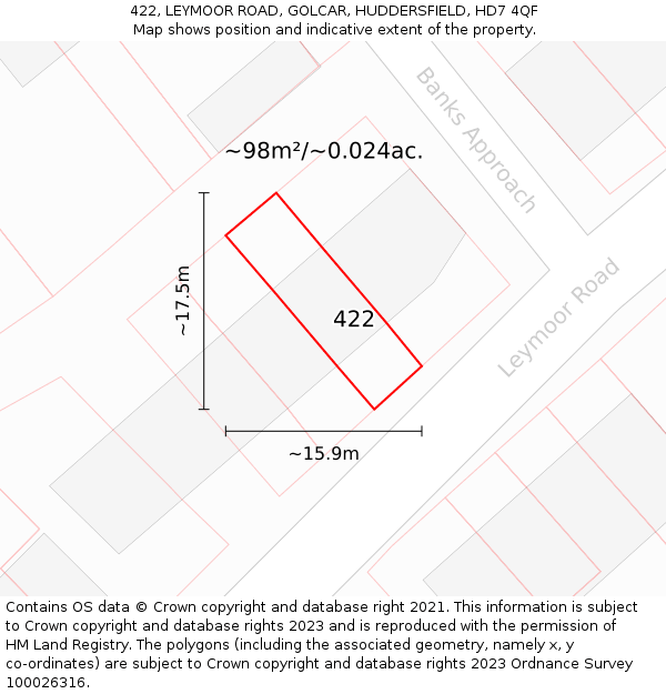 422, LEYMOOR ROAD, GOLCAR, HUDDERSFIELD, HD7 4QF: Plot and title map