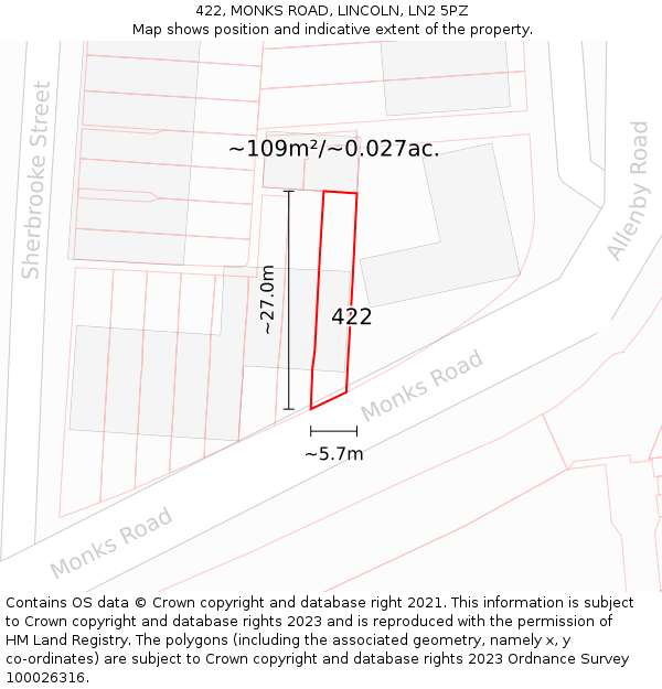 422, MONKS ROAD, LINCOLN, LN2 5PZ: Plot and title map