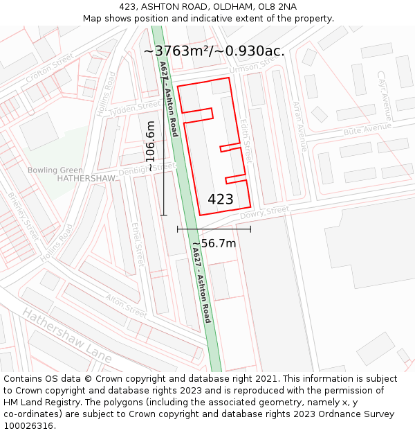 423, ASHTON ROAD, OLDHAM, OL8 2NA: Plot and title map