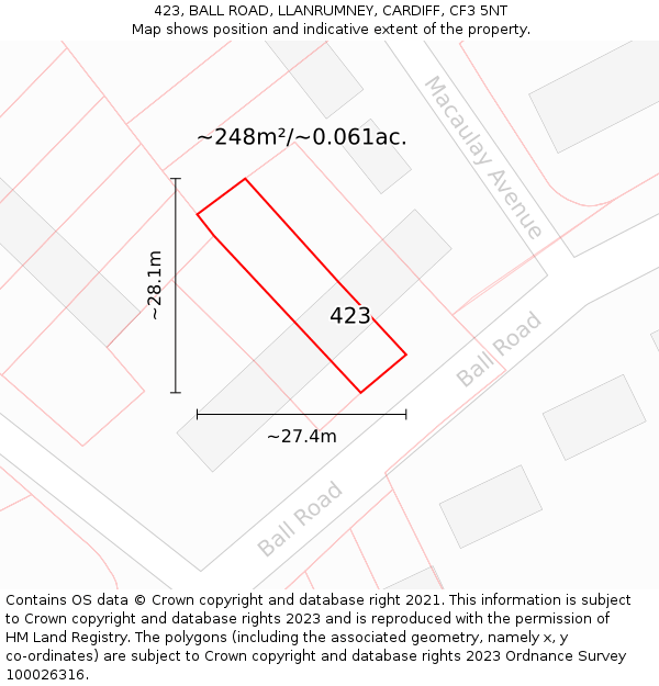 423, BALL ROAD, LLANRUMNEY, CARDIFF, CF3 5NT: Plot and title map