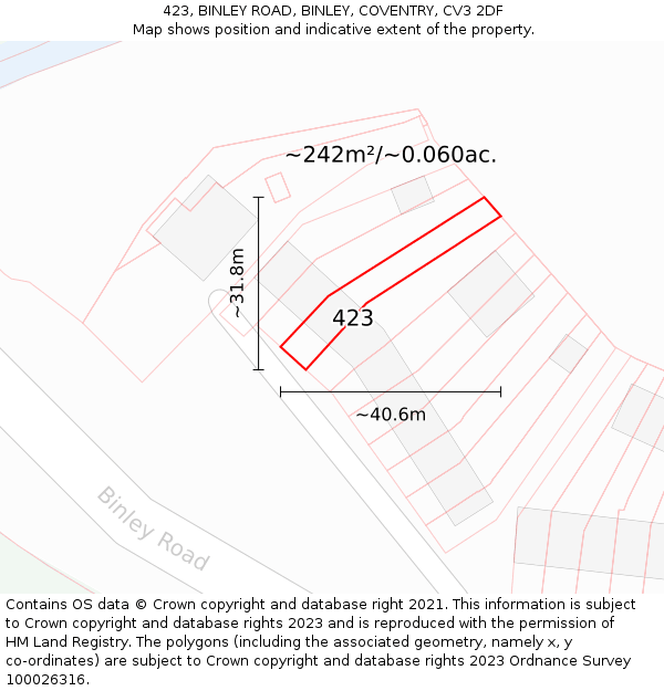 423, BINLEY ROAD, BINLEY, COVENTRY, CV3 2DF: Plot and title map